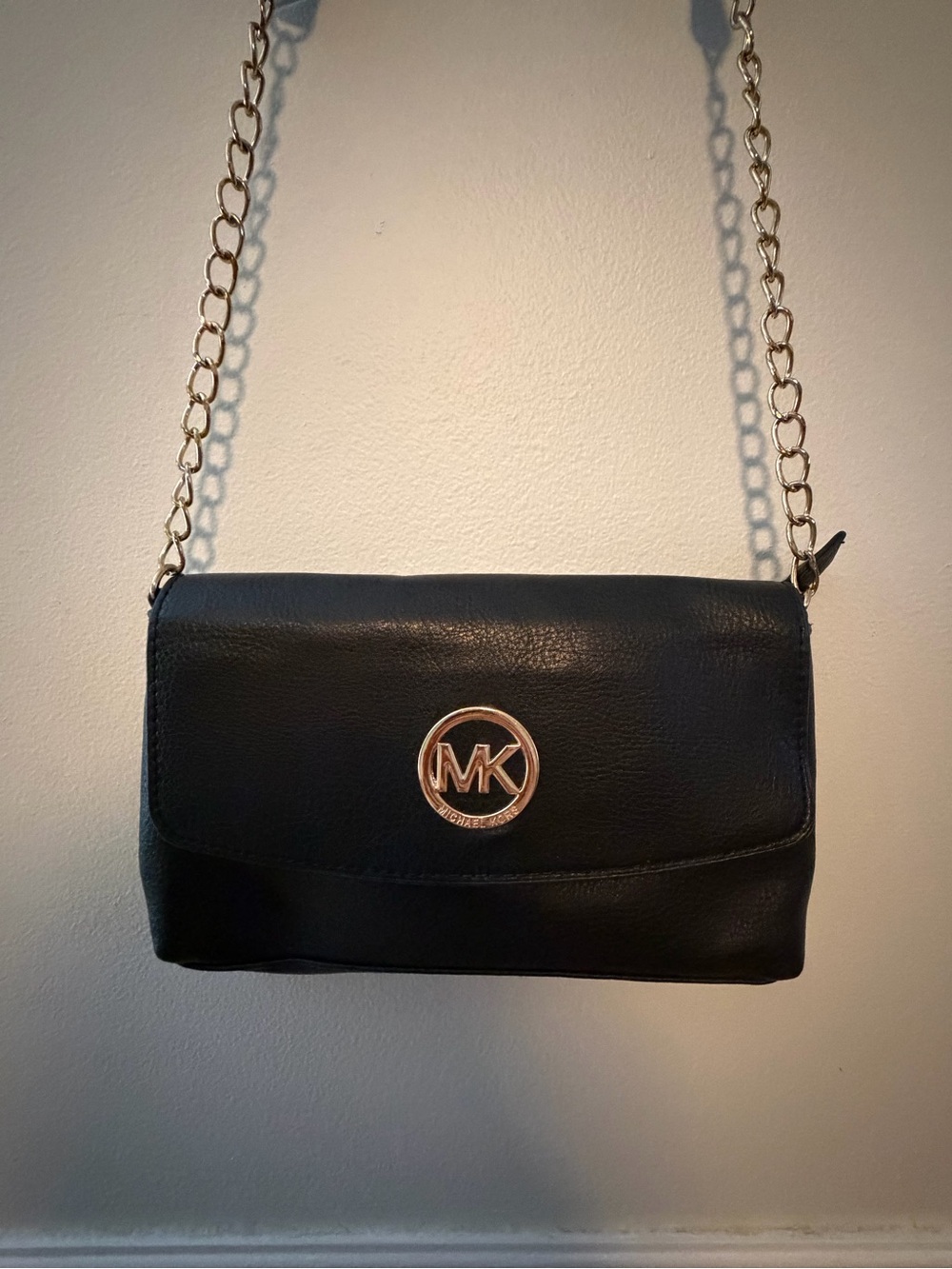 Michael Kors Black Leather Crossbody with Gold Chain and MK Logo Medallion